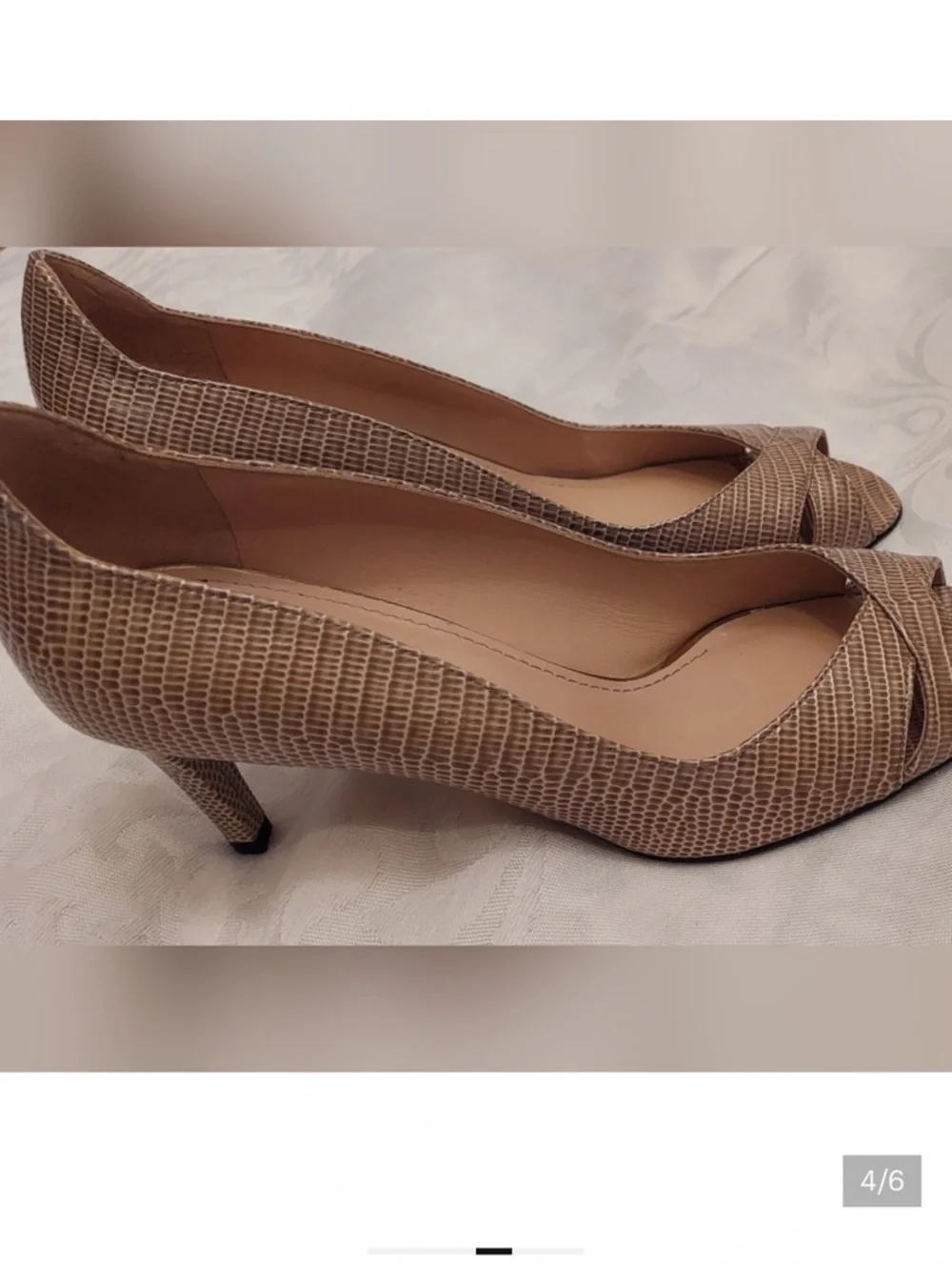 Stuart Weitzman Taupe Lizard-Embossed Peep-Toe Pumps - Picture 4 of 6